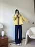 塔馳密司（touchmiss）抽繩連帽外套女落肩袖韓版寬松上衣初秋2025新款撞色拉鏈夾克 黃色 M 曬單實(shí)拍圖