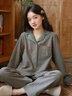 初尋秋冬純棉磨毛絨布女士長(cháng)袖長(cháng)褲睡衣高級感條紋刺繡小花全棉家居服 深灰色 S （建議85-98斤左右） 曬單實(shí)拍圖