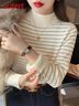 古今（GUJIN）條紋半高領(lǐng)加絨針織打底衫女秋冬一體絨內搭加厚毛衣保暖上衣杏 曬單實(shí)拍圖