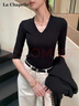 拉夏貝爾V領(lǐng)中袖t恤女夏季新款修身氣質(zhì)半袖五分袖短袖上衣打底衫 黑色 M 曬單實(shí)拍圖