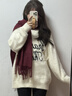 啄木鳥(niǎo)韓版斜紋素色羊毛混紡圍巾女百搭保暖外搭新款秋冬季潮流氣質(zhì)披肩 酒紅色 185*67cm 曬單實(shí)拍圖