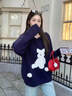 藏藍連帽抽繩外穿刺繡長(cháng)袖毛衣女秋冬衛衣外套針織打底衫內搭上衣 藏藍色 均碼 A 【80-125斤】 曬單實(shí)拍圖