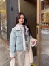 妍莉芬（yanlifen）藍色羊羔毛領(lǐng)拼接甜美減齡翻領(lǐng)羽絨棉服女冬季小個(gè)子短款棉衣外套 藍色 M 曬單實(shí)拍圖