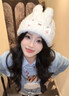 途尊可愛(ài)米菲兔耳朵毛絨帽子女冬季少女心加厚護耳帽大頭圍針織包頭帽 白色米菲毛絨帽 曬單實(shí)拍圖