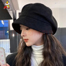 稻草人帽子女新款百搭麂皮絨貝雷帽日系大臉適合大頭圍顯臉小八角帽洋氣 黑色 均碼 曬單實(shí)拍圖