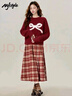 MJ STYLE騏驥紅蝴蝶結短款毛衣女2026冬季甜美風(fēng)設計感圓領(lǐng)內搭針織衫上衣 曬單實(shí)拍圖