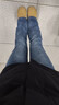 真維斯（Jeanswest）牛仔褲女冬季加絨加厚修身顯瘦保暖微喇叭長(cháng)褲女復古藍加絨S 曬單實(shí)拍圖