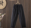 蘑菇同學(xué)中國風(fēng)棉麻加棉加厚棉褲女冬季松緊腰抽繩哈倫褲夾棉保暖休閑褲 黑色 L 建議90-120斤  曬單實(shí)拍圖