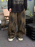 IZEXX美式復古扎染彎刀褲男款秋季直筒寬松闊腿休閑工裝褲KY56咖色XL 曬單實(shí)拍圖