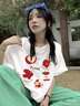 MJ STYLE紅色蘋(píng)果短袖t恤女2026春夏新款白色正肩寬松半袖設計感百搭上衣 曬單實(shí)拍圖