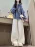 韓璐嬌（hanlujiao）休閑褲女裝2026春裝新款搭配一整套多巴胺藍色連帽毛衣闊腿褲套裝 藍色毛衣+休閑褲 M 曬單實(shí)拍圖