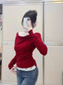 啄木鳥(niǎo)紅色圣誕一字肩打底針織衫女秋冬蕾絲拼接假兩件上衣修身內搭 紅色 S 曬單實(shí)拍圖