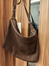 裘真植鞣（磨砂皮）雙耳hobo包復古單肩斜挎大容量通勤包包女 咖啡色-(磨砂皮版） 大包 曬單實(shí)拍圖
