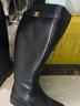 康莉（COMELY）牛皮騎士靴女秋冬季圓頭粗跟不過(guò)膝加絨長(cháng)筒靴子 黑色-短毛里 38 曬單實(shí)拍圖