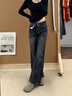 哈魯迪美式復古微喇牛仔褲女2025冬季新款修身顯瘦雙排扣垂感拖地長(cháng)褲 藍灰色 M 95斤以?xún)?曬單實(shí)拍圖