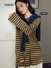 闊色條紋長(cháng)袖t恤慵懶打底衫內搭25秋冬季疊穿搭配新款女寬松上衣 條紋 L 曬單實(shí)拍圖