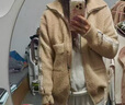 桂雪格秋冬季短外套女2024新款春秋寬松短款毛衣女士加絨加厚針織衫開(kāi)衫 杏色 M （95-105斤） 曬單實(shí)拍圖