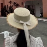 巧丂編織帽遮陽(yáng)草帽女夏季大帽檐草編漁夫帽海邊沙灘防曬帽 氛圍感 平頂毛邊蝴蝶結草帽【米色】 曬單實(shí)拍圖