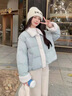 妍莉芬（yanlifen）藍色羊羔毛領(lǐng)拼接甜美減齡翻領(lǐng)羽絨棉服女冬季小個(gè)子短款棉衣外套 藍色 M 曬單實(shí)拍圖