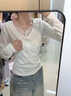 LDBE蝴蝶結拼接蕾絲長(cháng)袖t恤女秋冬內搭修身顯瘦設計感漂亮打底衫上衣 白色 S 90斤內 曬單實(shí)拍圖