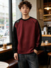 貴色高端重磅拼接長(cháng)袖T恤男春秋季純棉美式打底上衣寬松衛衣 酒紅 L  適合130-145斤 曬單實(shí)拍圖