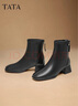 他她Tata靴子女奶皮靴法式氣質(zhì)短靴女靴通勤瘦瘦靴  黑色（絨里） 39 曬單實(shí)拍圖