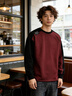 貴色高端重磅拼接長(cháng)袖T恤男春秋季純棉美式打底上衣寬松衛衣 酒紅 L  適合130-145斤 曬單實(shí)拍圖