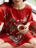 絲語(yǔ)蓮花（LE LOTUS D'EZE）真絲睡裙女寬松加大碼睡衣200斤桑蠶絲中國風(fēng)印花蝙蝠衫家居服 雍容牡丹 大紅 均碼 曬單實(shí)拍圖