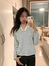 Olrain歐芮兒新款女裝春季條紋V領(lǐng)拼接蕾絲寬松休閑長(cháng)袖T恤上衣 條紋 L 曬單實(shí)拍圖