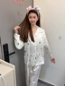 蝴蝶印花長(cháng)袖襯衫裙睡衣女帶胸墊春秋睡褲家居服套裝38女神節禮物 茉莉奶白 長(cháng)袖+長(cháng)褲+胸墊 L 120斤以?xún)?曬單實(shí)拍圖