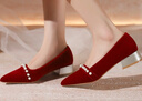ZHR單鞋女尖頭淺口粗跟絨面珍珠婚鞋女氣質(zhì)優(yōu)雅女鞋 BL561N紅色39 曬單實(shí)拍圖
