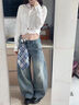 美式可拆卸方巾彎刀牛仔褲男款潮牌vibe高街水洗廓形baggy闊腿褲 藍色 XL 曬單實(shí)拍圖