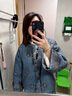 三吉黑花【欣年】新中式短款珠繡羽絨服冬季女款外套巨好看的冬裝 霧藍(雪花釘珠圖案) L 曬單實(shí)拍圖
