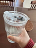 ins風大容量帶蓋帶吸管豎紋玻璃杯水果茶杯喝水杯冰咖啡杯飲品杯 豎條紋吸管杯+蓋+吸管 【兩只裝600ml】 曬單實拍圖