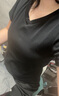 NOME短袖T恤女V領(lǐng)正肩體恤上衣女修身內搭打底衫 黑色 XL  曬單實(shí)拍圖