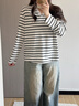 Olrain歐芮兒2026新款女裝春季條紋V領(lǐng)拼接蕾絲寬松休閑長(cháng)袖T恤上衣 條紋 L 曬單實(shí)拍圖