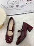 卓詩(shī)尼粗跟瑪麗珍鞋女鞋2026春新款法式一字帶蝴蝶結高跟鞋紅色淺口單鞋 酒紅色 37 曬單實(shí)拍圖