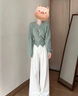妃?，幮蓍e褲女裝套裝2026春秋新款韓系時(shí)尚氣質(zhì)減齡學(xué)院風(fēng)顯瘦闊腿褲子 綠色上衣+米白褲子 M 曬單實(shí)拍圖