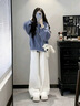韓璐嬌（hanlujiao）休閑褲女裝2026春裝新款搭配一整套多巴胺藍色連帽毛衣闊腿褲套裝 藍色毛衣+休閑褲 M 曬單實(shí)拍圖