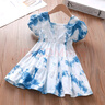 兔嵐云南扎染連衣裙女童短袖夏季大理旅游植物中小童荷葉邊收腰公主裙 藍染三粒紐扣裙 140 cm 曬單實(shí)拍圖
