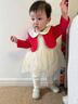 英氏（YEEHOO）嬰幼兒分體套裝女寶可愛(ài)紗裙蛤套春秋長(cháng)袖假兩件上衣洋氣時(shí)髦 紅白 80 cm 曬單實(shí)拍圖