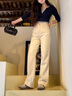 美思源白色直筒牛仔褲女款秋冬2025新款杏色高腰拖地褲加絨闊腿褲 米杏色杏色長(cháng)褲單褲 M 【100-110斤】 曬單實(shí)拍圖