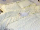 蒙瑪特韓版公主風(fēng)泡泡紗床上四件套全棉100純棉床單床裙被套宿舍三件套 泡泡紗純色花邊-奶黃 1.8m床單四件套被套180*220 曬單實(shí)拍圖