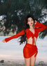 南木熊比基尼泳衣女2026新款性感分體四件套純欲三點(diǎn)式披肩沙灘溫泉度假 紅色比基尼+頭花【85-115斤】 曬單實(shí)拍圖