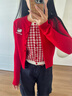 RE'VAN芮范【章若楠同款】HelloKitty紅色格紋假兩件毛衣開(kāi)衫RK12801315 紅色 XS /34 曬單實(shí)拍圖