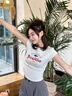 MJ STYLE短袖t恤女2026春夏新美式復古圓領(lǐng)小鯊印花修身設計感打底上衣 曬單實(shí)拍圖