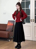 妃?，幮∠泔L(fēng)連衣裙女2025秋冬新款韓版時(shí)尚減齡甜美風(fēng)新年紅色套裝裙子 紅色毛衣+黑色裙子 M 曬單實(shí)拍圖
