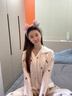蝴蝶印花長(cháng)袖襯衫裙睡衣女帶胸墊春秋睡褲家居服套裝38女神節禮物 茉莉奶白 長(cháng)袖+長(cháng)褲+胸墊 L 120斤以?xún)?曬單實(shí)拍圖