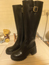 狄德拉真皮厚底長(cháng)筒靴女2025秋冬新款圓頭粗跟不過(guò)膝騎士靴顯瘦高筒靴 黑色絨里 37 (235mm) 曬單實(shí)拍圖