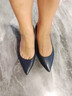 程美美2026新款深藍色軟皮低跟5CM尖頭貓跟淺口單鞋舒適正裝高跟鞋女 深藍色 羊紋超纖皮 5cm 34 曬單實(shí)拍圖